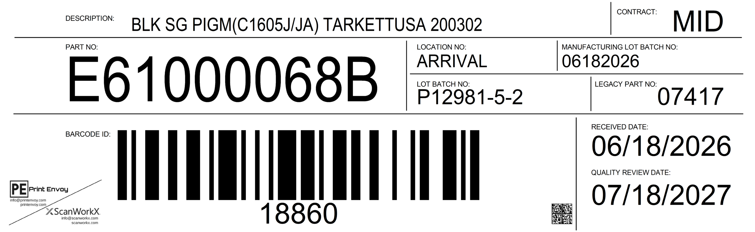 13x4 BarTender receiving material label template with linear barcode, part number, lot number, location, contract, receiving date, quality review date, and Data Matrix control block